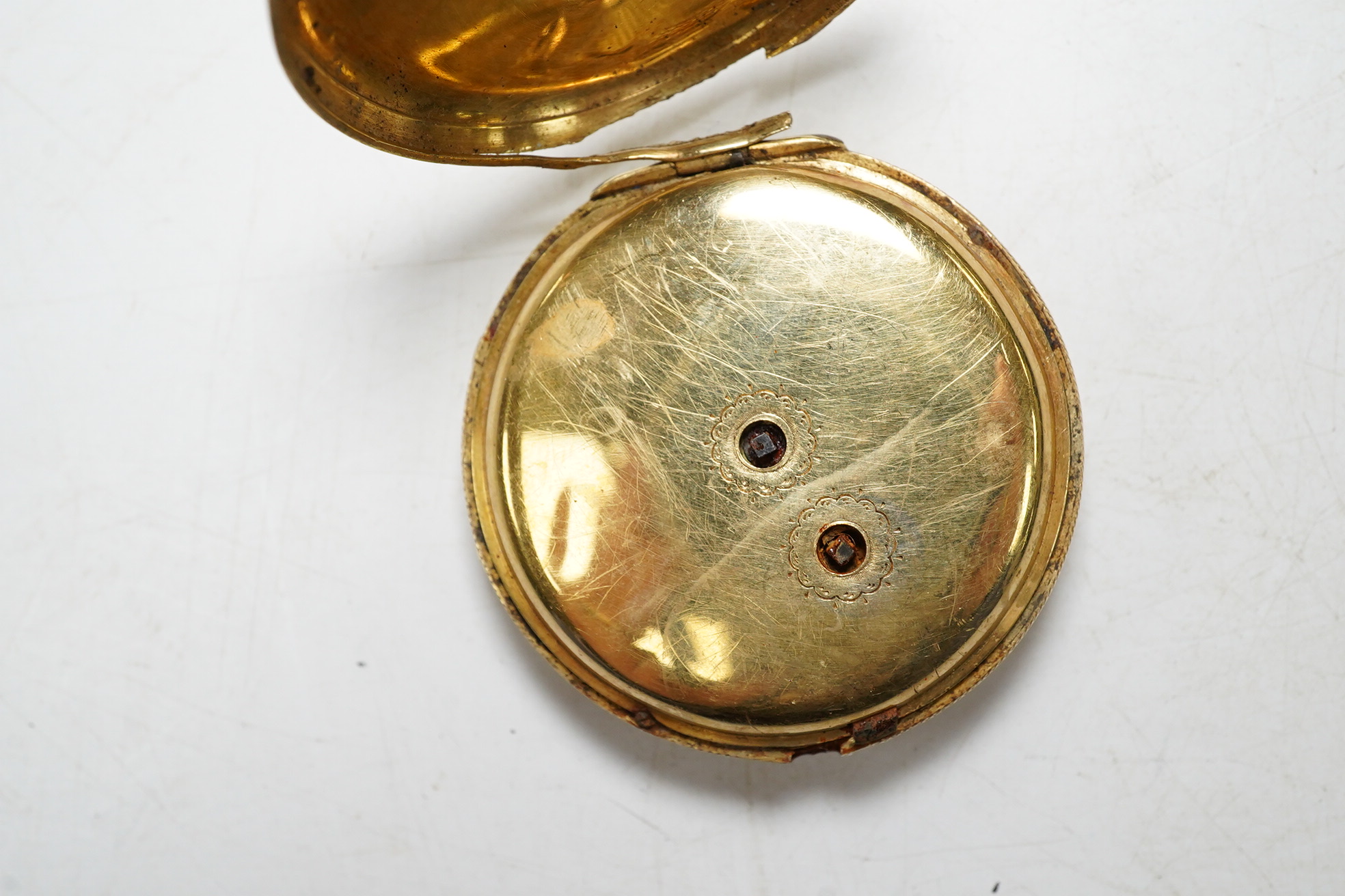 A late Victorian 18ct gold fob watch. Condition - poor